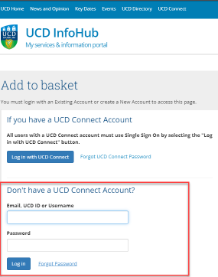 Screenshot of Booking Centre login with the Don't have a UCD Connect account option highlighted